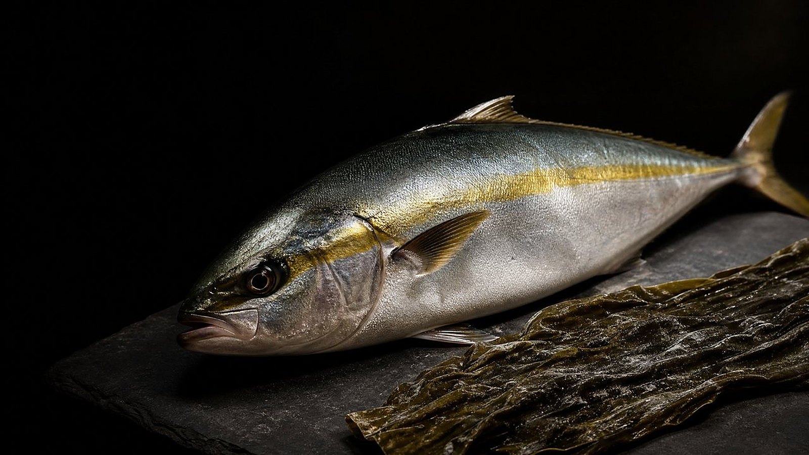 Movement one — tempoyak, cured kanpachi, clear kombu jelly