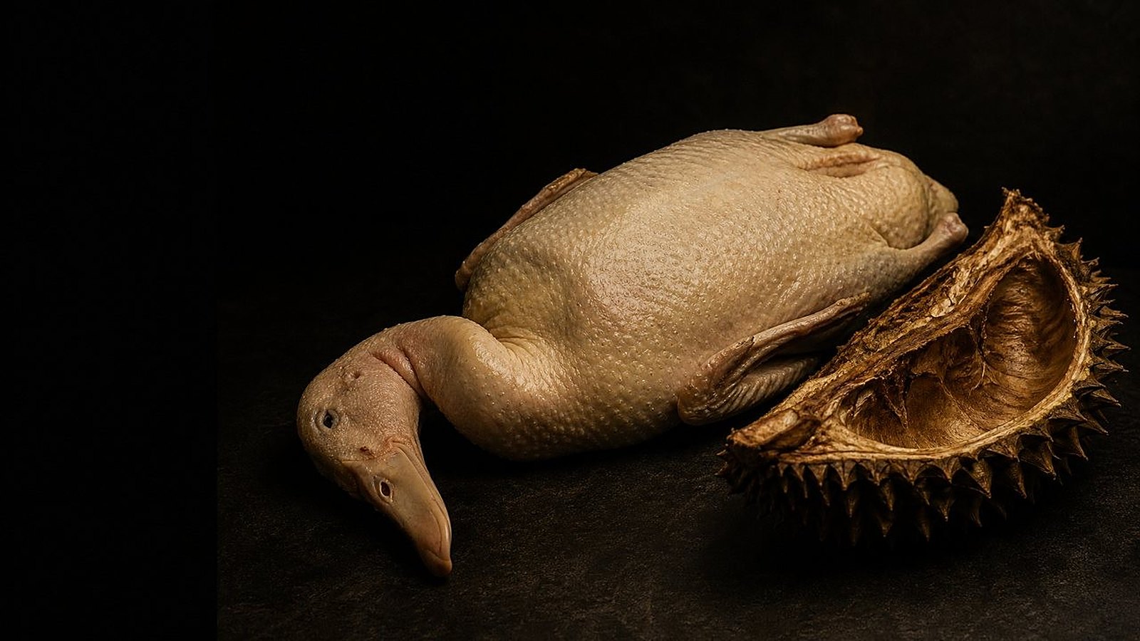 Movement four — duck, vegetables smoked over the durian's own husk
