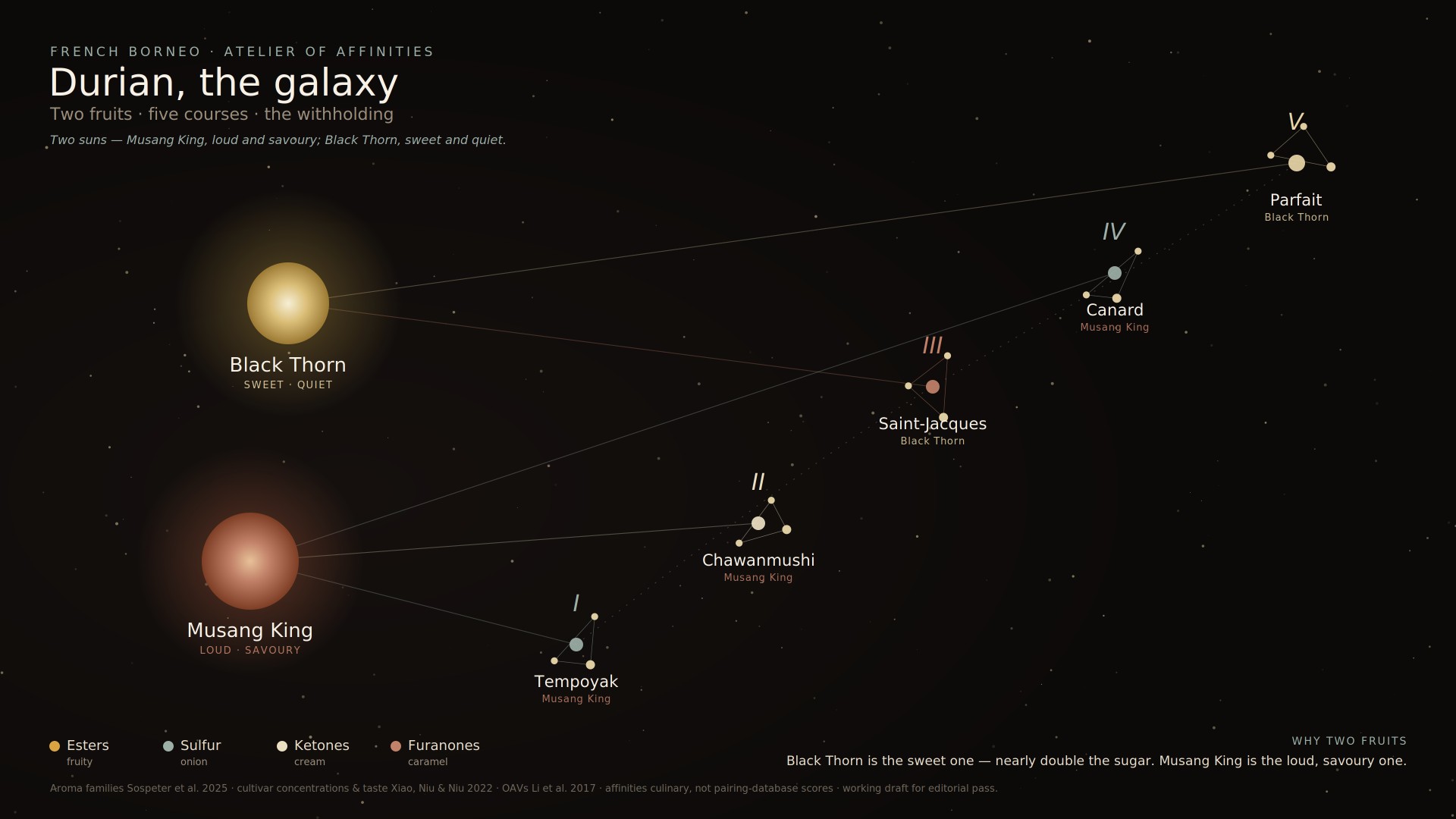 The Atelier of Affinities — durian read as a galaxy: two suns, five course constellations