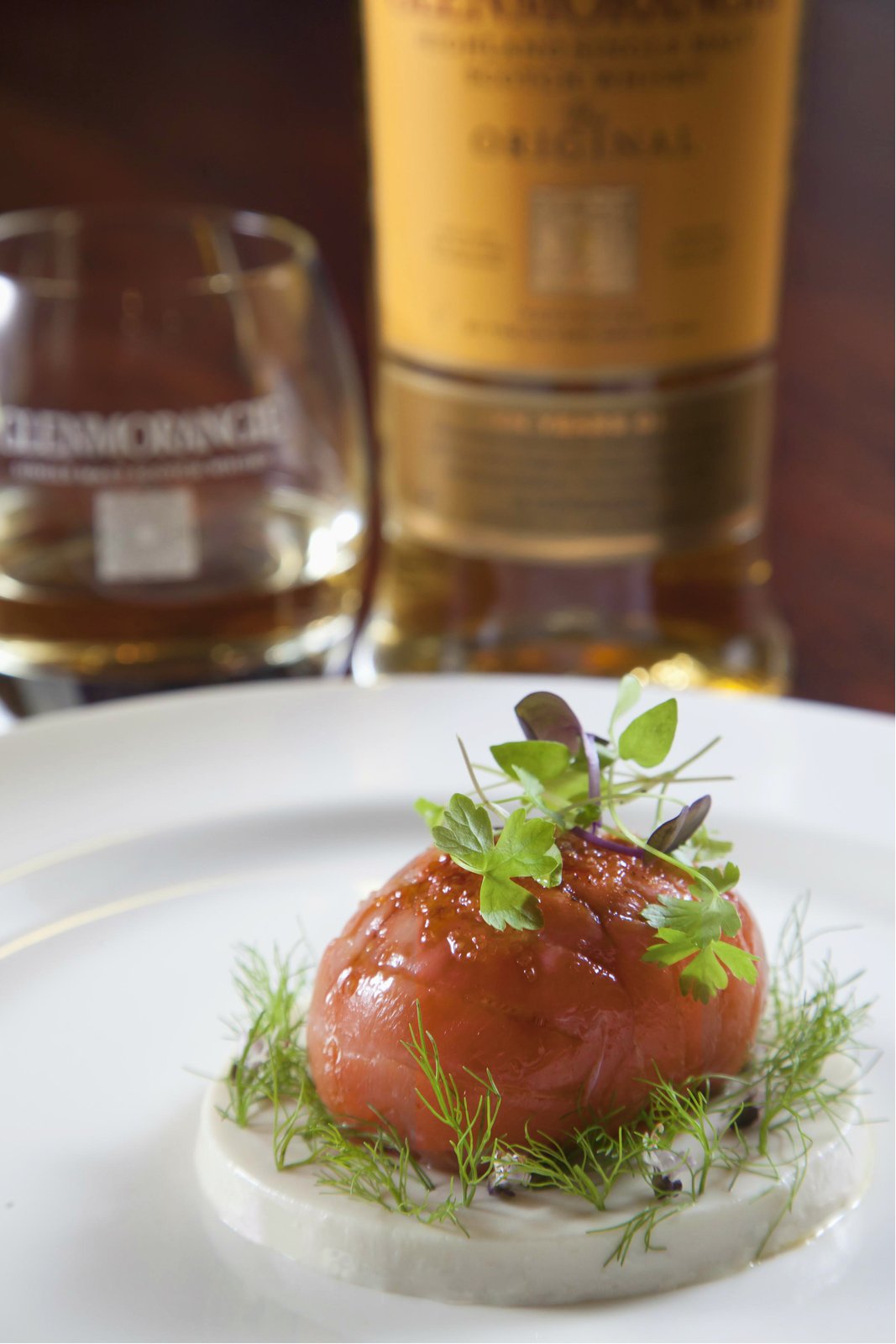 Hokkaido scallop and Scottish salmon pearl with fennel and almond crème — paired with Glenmorangie The Original