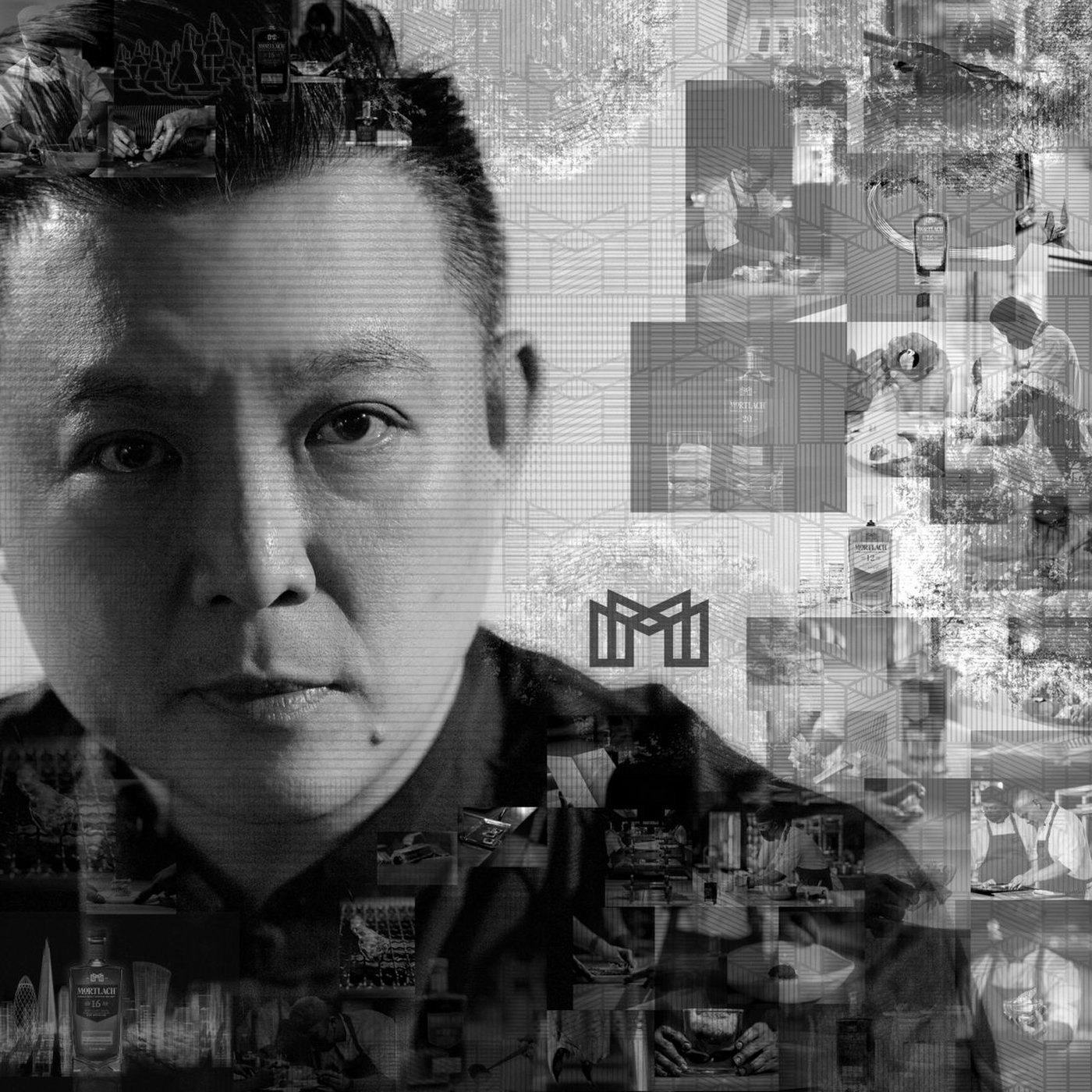 Composite portrait of James Won — serious three-quarter pose, Mortlach M-sigil and a mosaic of dishes, bottles, and Mortlach Room moments behind him.