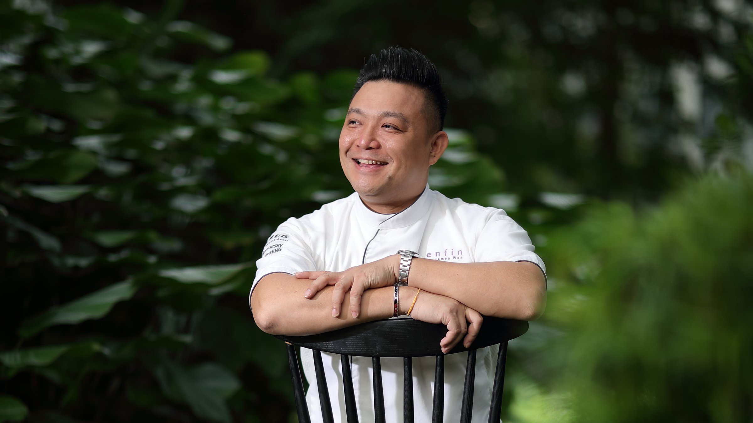 James Won &mdash; portrait in the garden, in &lsquo;enfin&rsquo; chef whites