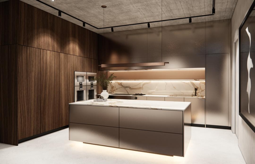 James Won's residence kitchen at The Plan atelier: warm walnut paneling, marble countertop with gold veining, Gaggenau 400 series appliances integrated into Poggenpohl cabinetry, AtlasPlan solid surfaces.