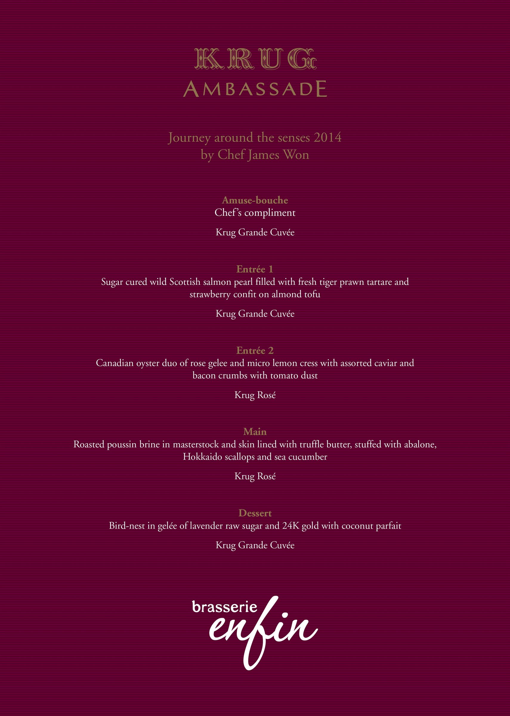 The inaugural Krug Ambassade menu poster — celebration of the official appointment, 14 July 2014.