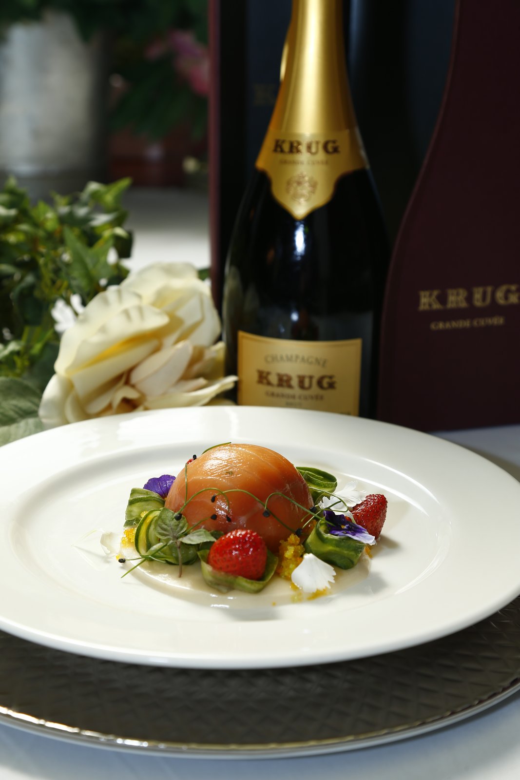 Salmon pearl with strawberries and tofu — from the inaugural Krug Ambassade celebration menu, paired with Krug Grande Cuvée.