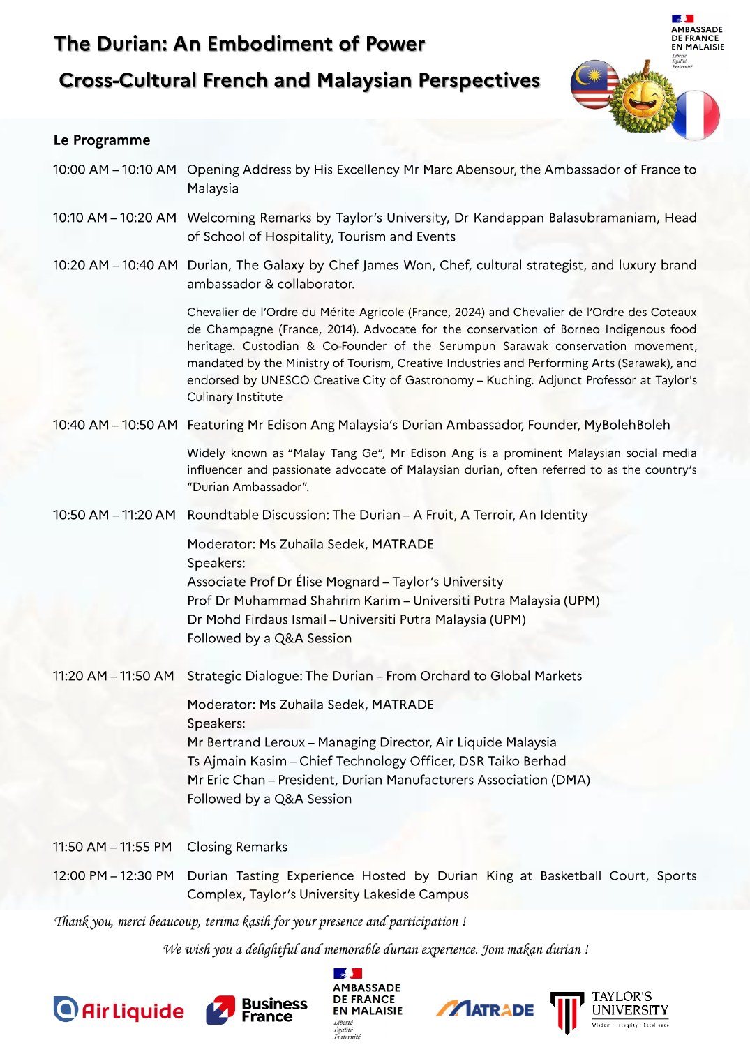 Programme for The Durian: An Embodiment of Power, Cross-Cultural French and Malaysian Perspectives, at Taylor's University on 11 June 2026, listing James Won's talk Durian, The Galaxy at 10.20am.