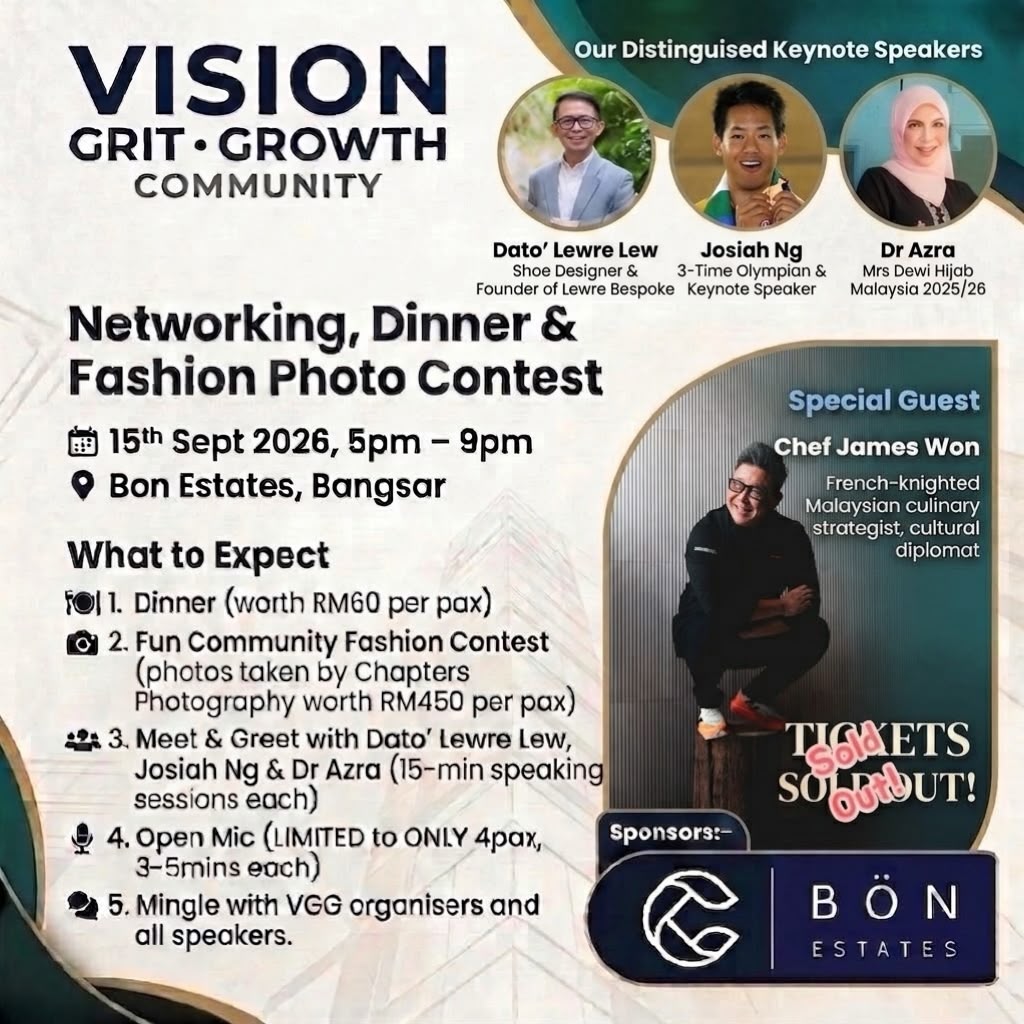 Poster for the Vision.Grit.Growth Community networking dinner at Bon Estates, Bangsar, on 15 September 2026, naming James Won as special guest.